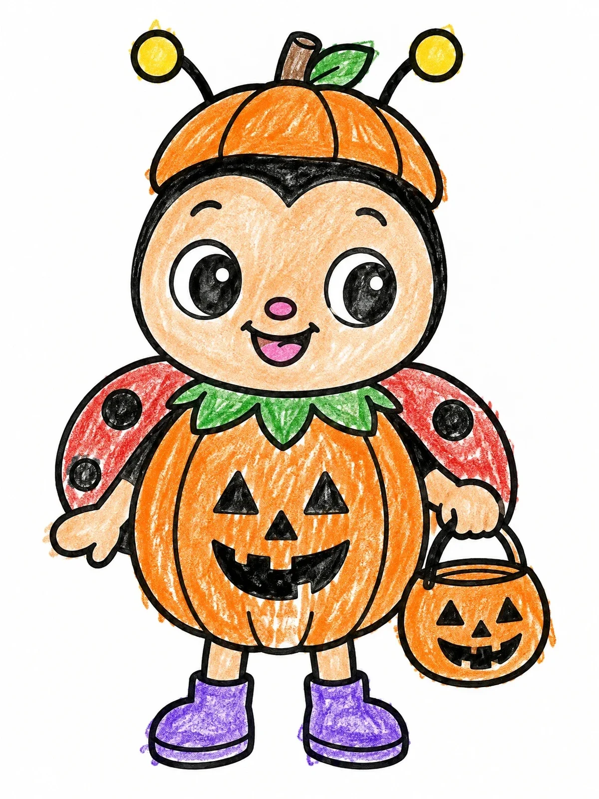 Colored example of the Cute Halloween Ladybug In Pumpkin Costume coloring page