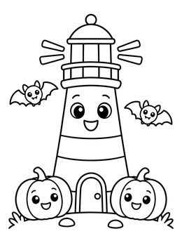 Free printable Cute Halloween Lighthouse With Pumpkins coloring page