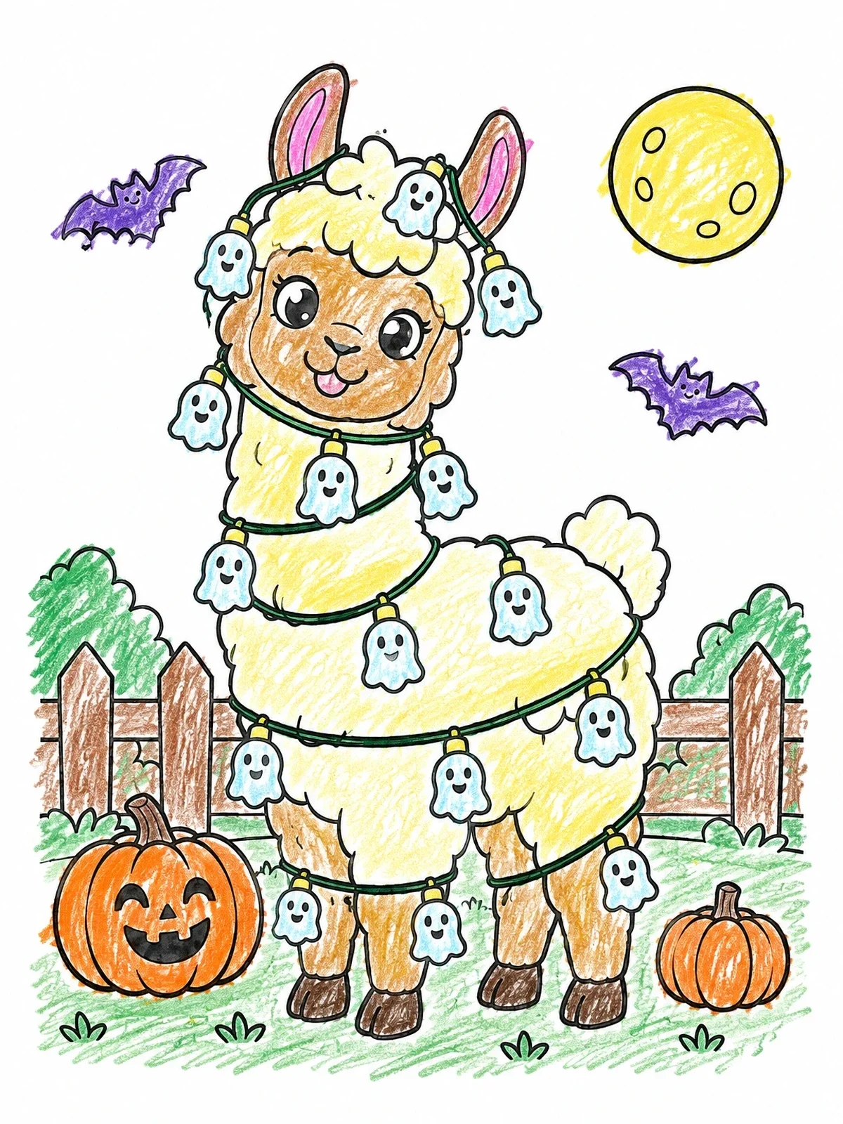 Colored example of the Cute Halloween Llama With Ghost Lights coloring page