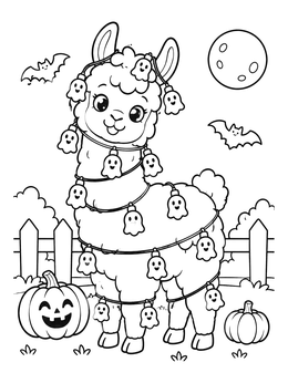 Free printable Cute Halloween Llama With Ghost Lights coloring page
