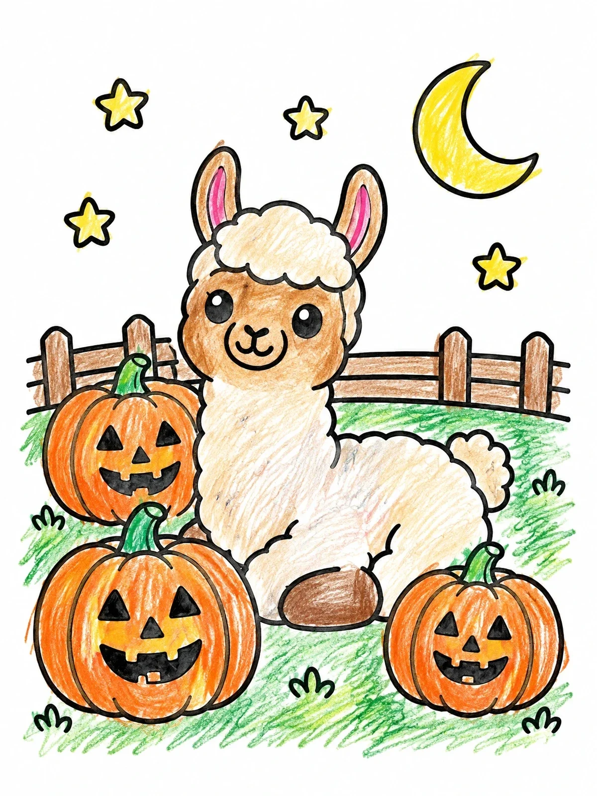 Colored example of the Cute Halloween Llama With Pumpkins coloring page