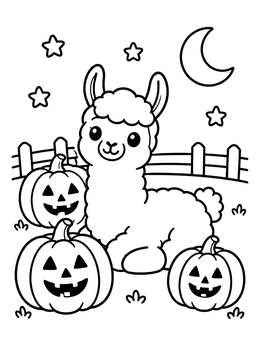 Free printable Cute Halloween Llama With Pumpkins coloring page