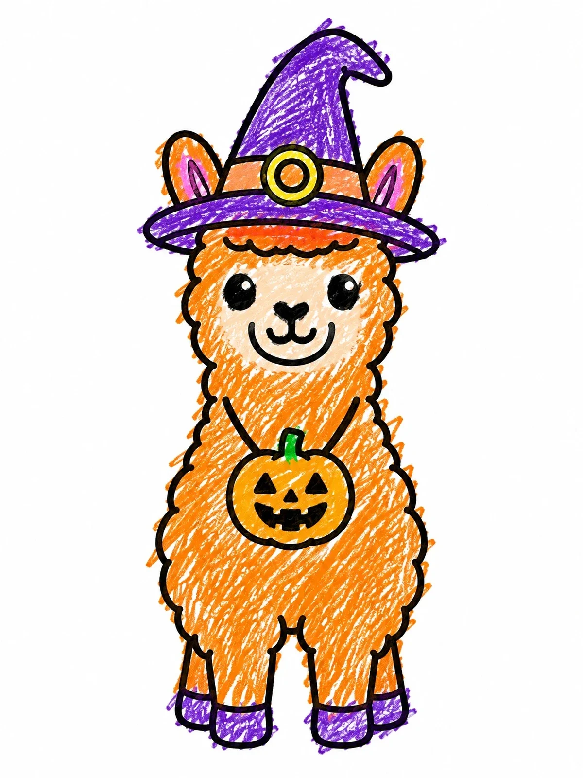 Colored example of the Cute Halloween Llama In Witch Hat coloring page