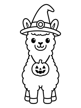 Free printable Cute Halloween Llama In Witch Hat coloring page