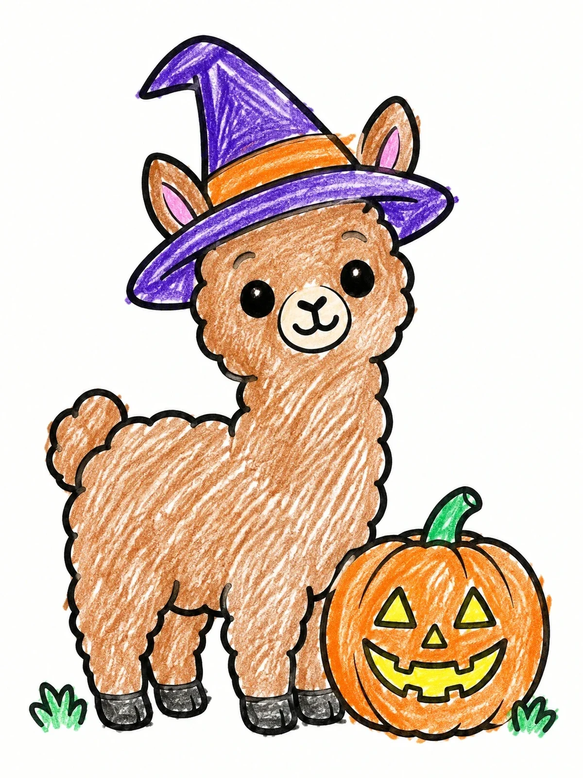 Colored example of the Cute Halloween Llama With Pumpkin coloring page