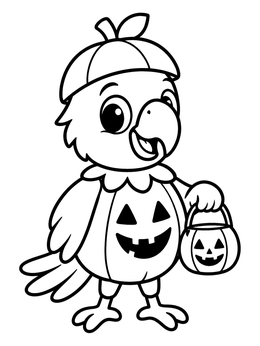 A cute parrot coloring page featuring a bird dressed up in a pumpkin Halloween costume.