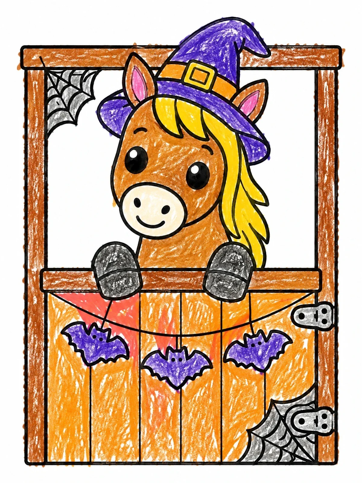Colored example of the Cute Halloween Pony At Barn Door coloring page