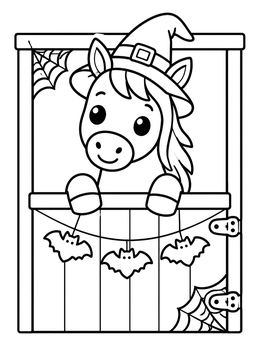 Free printable Cute Halloween Pony At Barn Door coloring page