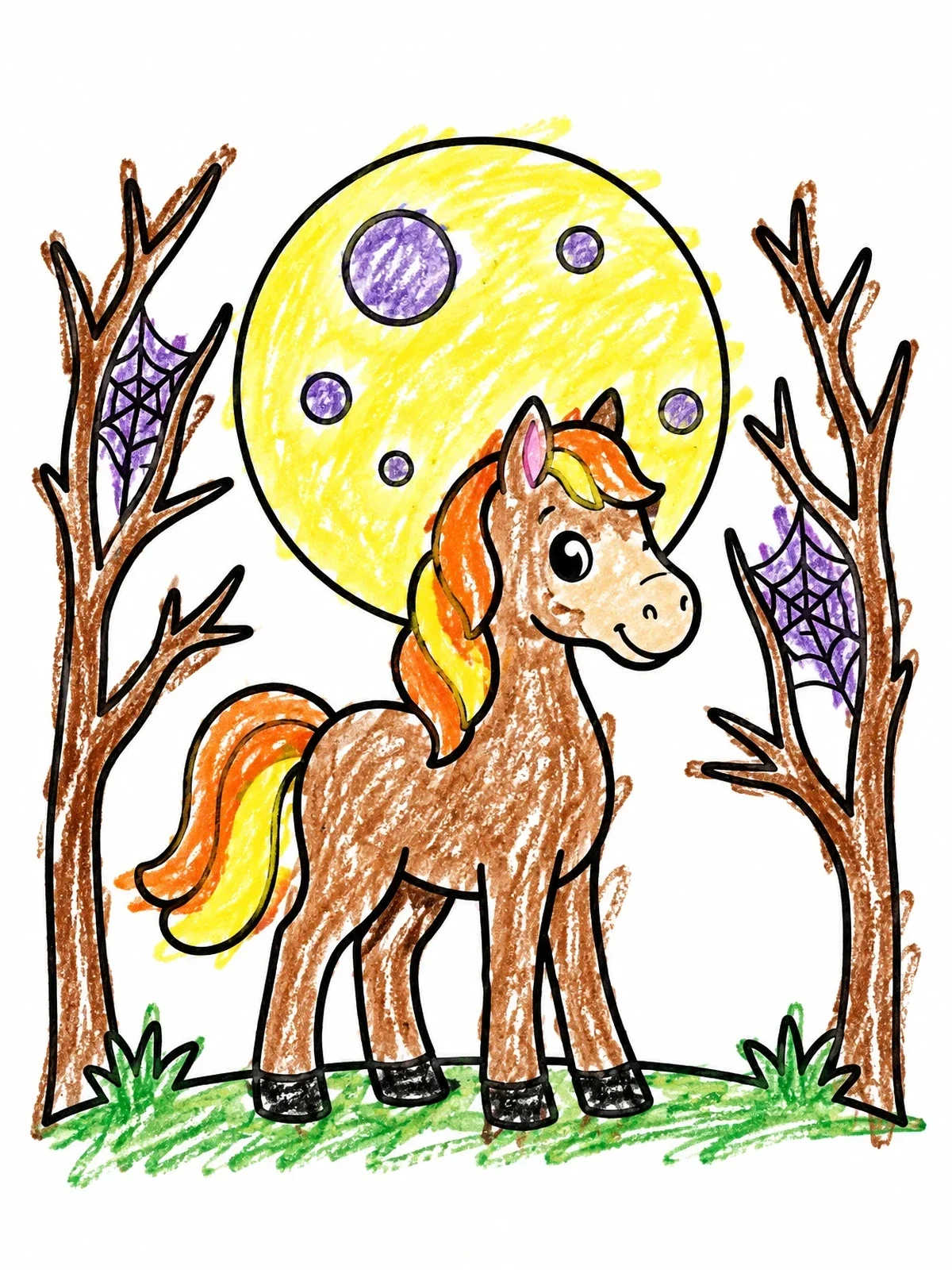 Colored example of the Cute Halloween Pony Under Full Moon coloring page