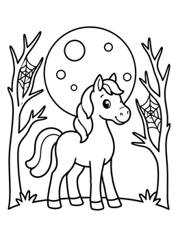 A cute pony in a halloween horse coloring page standing before a glowing full moon and spooky trees.