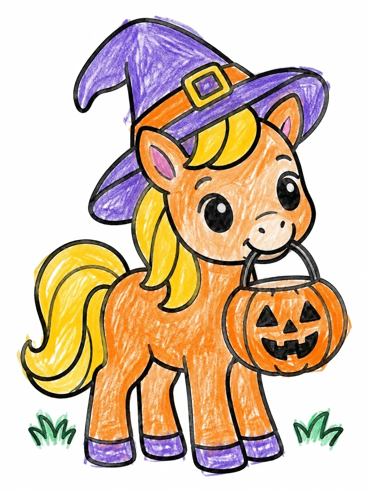 Colored example of the Cute Halloween Pony With Witch Hat coloring page