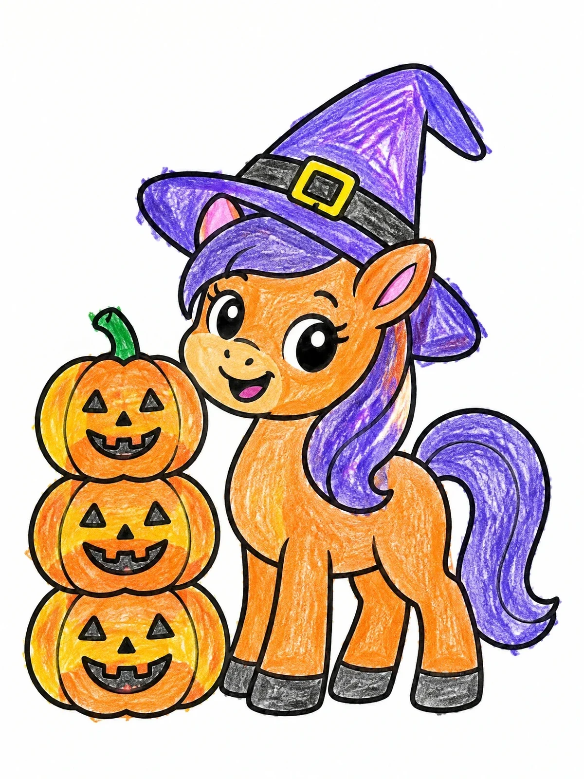 Colored example of the Cute Halloween Pony With Witch Hat coloring page