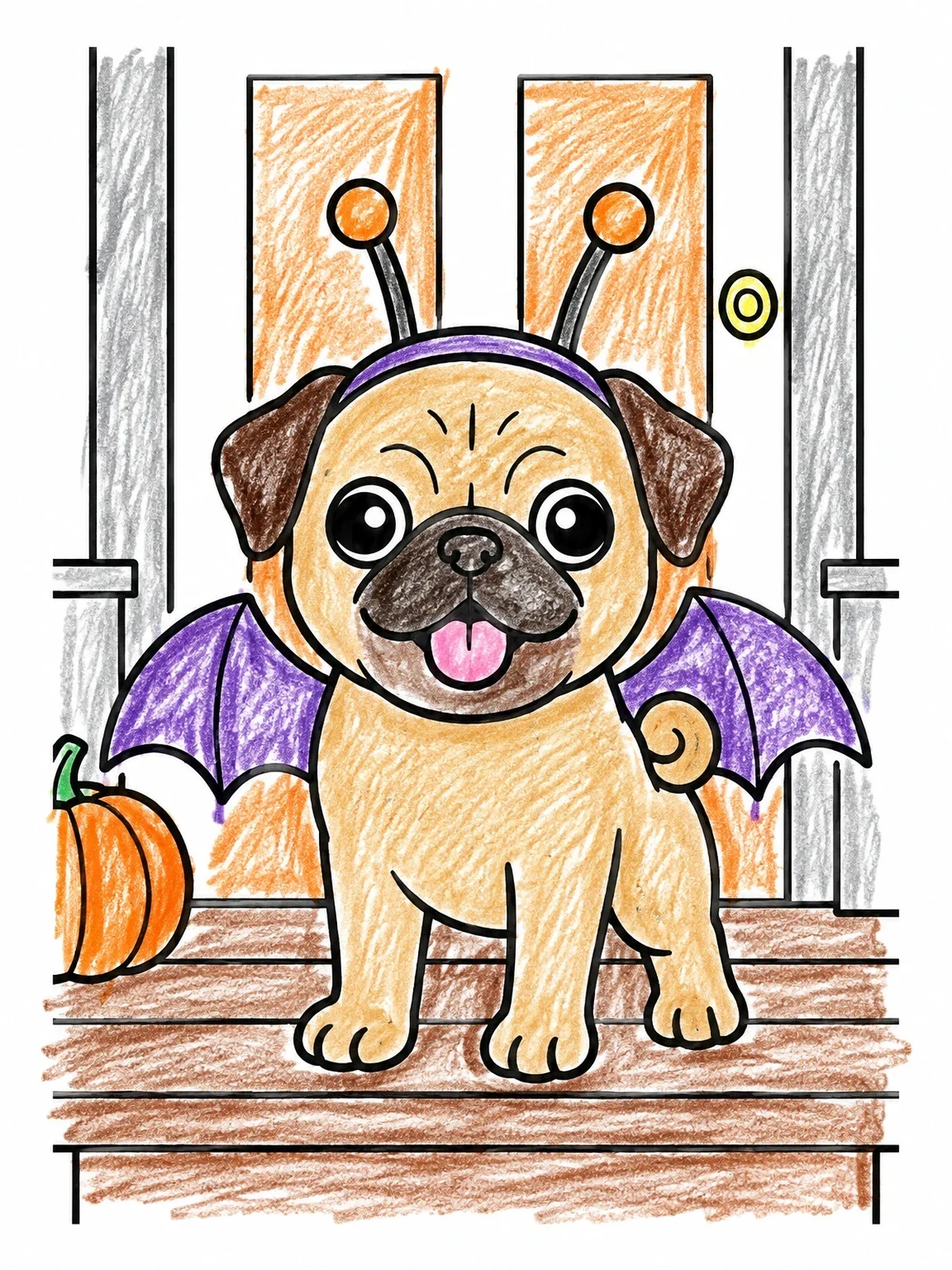 Colored example of the Cute Halloween Pug In Bat Costume coloring page