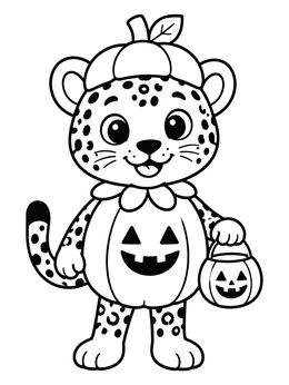 A cute jaguar coloring page featuring a cub in a pumpkin costume holding a treat bucket.