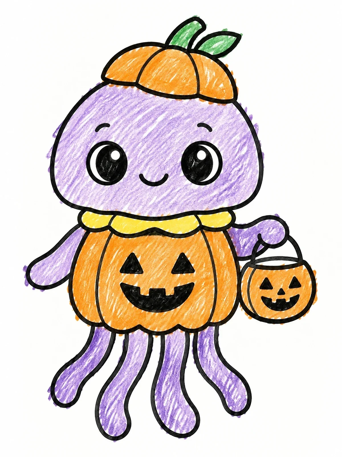 Colored example of the Cute Halloween Pumpkin Jellyfish coloring page