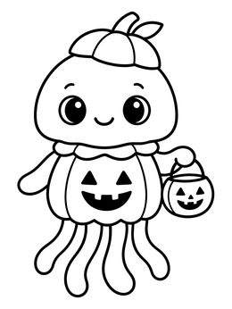 A cute jellyfish coloring page featuring a pumpkin costume and candy bucket.
