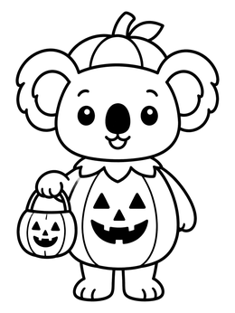 Cute koala coloring page dressed in a pumpkin costume holding a treat bucket.
