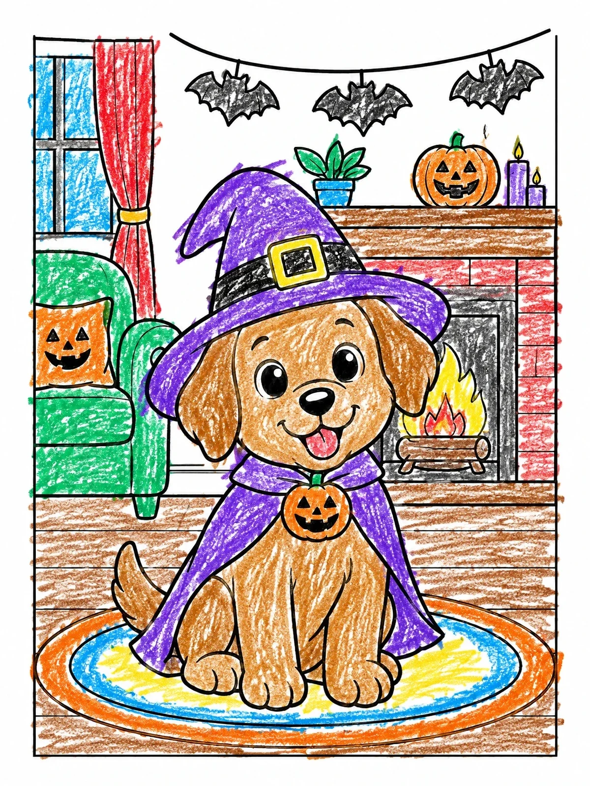 Colored example of the Cozy Halloween Witch Puppy Indoors coloring page