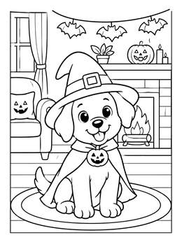 Free printable Cozy Halloween Witch Puppy Indoors coloring page