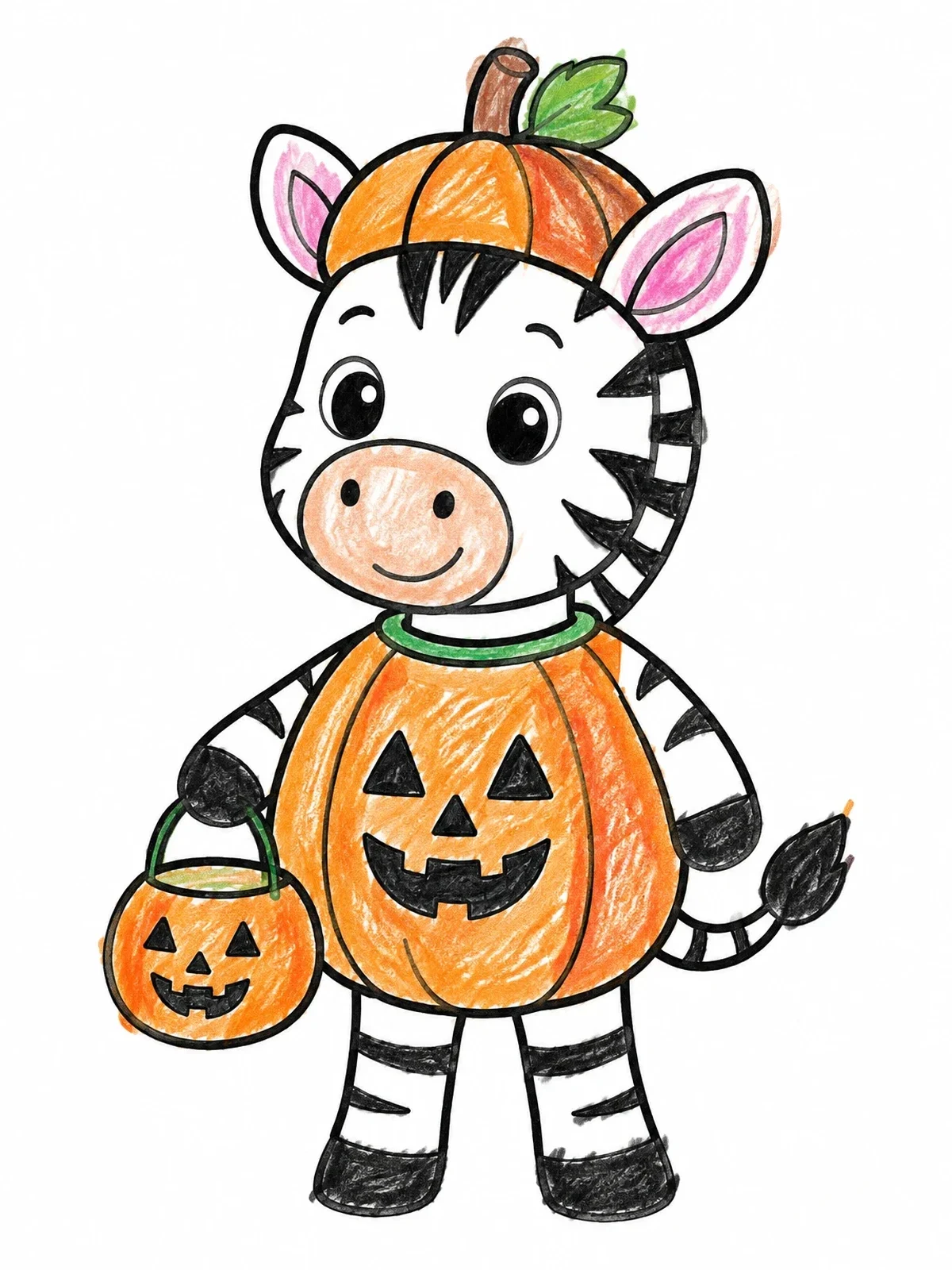 Colored example of the Cute Halloween Zebra In Pumpkin Costume coloring page