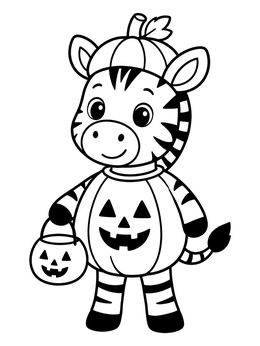A cute zebra coloring page showing a baby zebra in a pumpkin costume holding a treat bucket.
