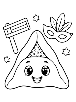 A smiling hamantasch pastry with noisemaker on this purim coloring page.