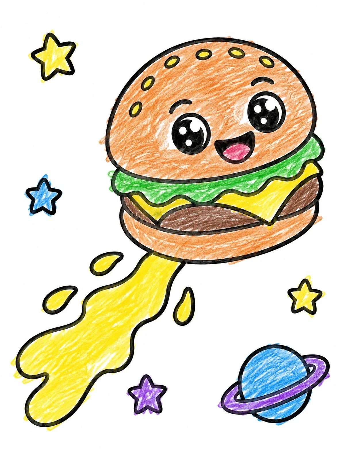 Colored example of the Cute Hamburger Flying In Space coloring page