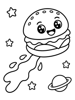 A cheerful cartoon hamburger coloring page flying through space past stars and a planet.