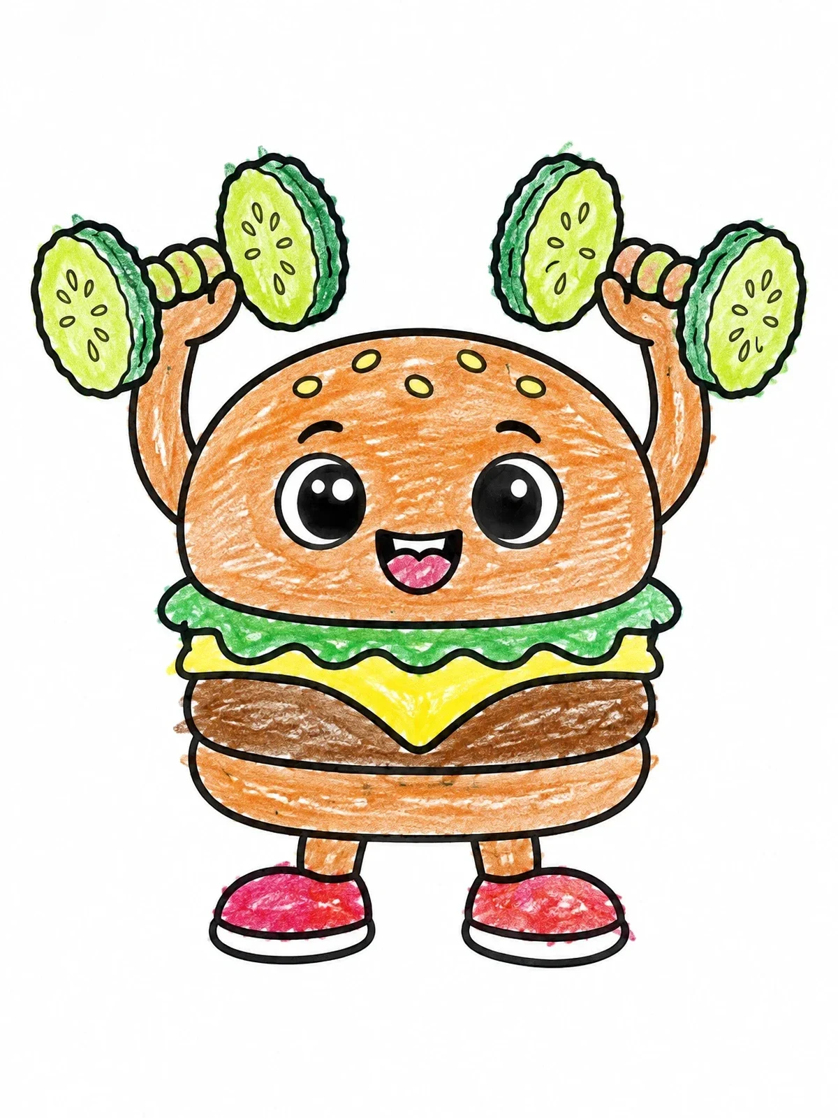 Colored example of the Cute Hamburger Lifting Pickle Dumbbells coloring page