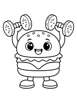 Free printable Cute Hamburger Lifting Pickle Dumbbells coloring page