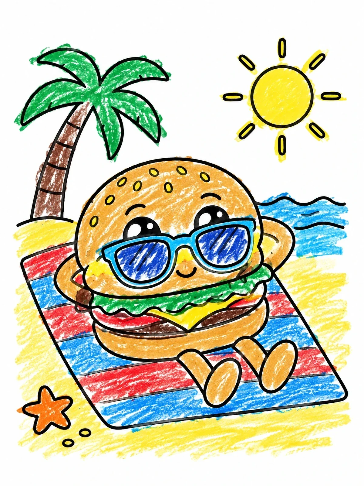 Colored example of the Cute Hamburger Relaxing On The Beach coloring page