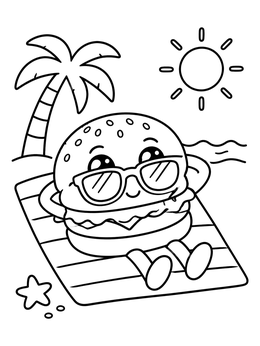 A cheerful hamburger coloring page showing a cartoon burger with sunglasses relaxing on a beach towel.