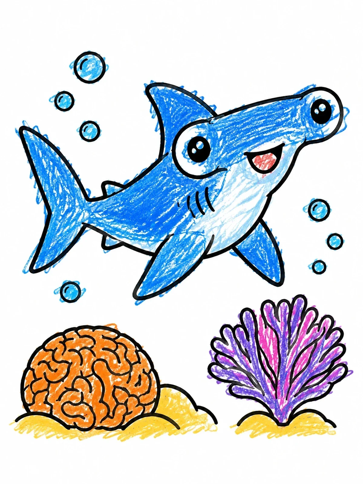 Colored example of the Cute Hammerhead Shark Over Coral coloring page