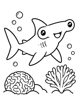 Free printable Cute Hammerhead Shark Over Coral coloring page