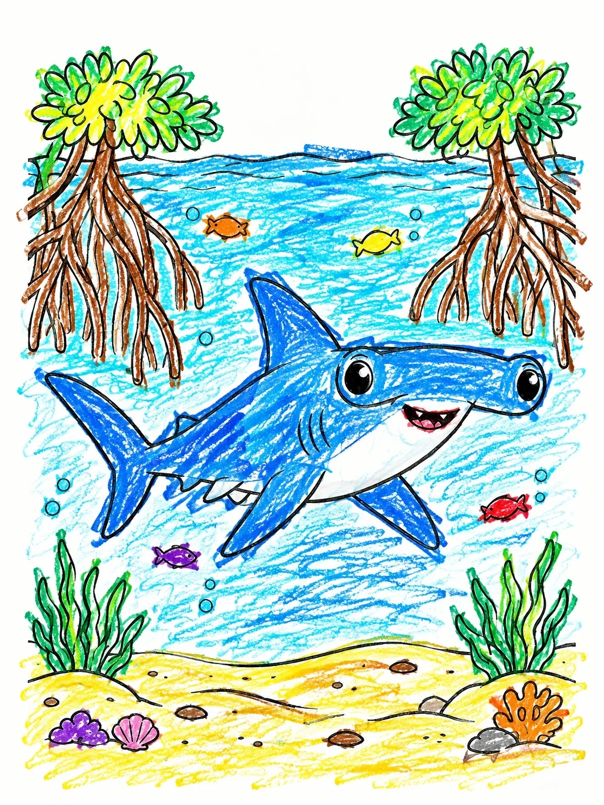Colored example of the Cute Hammerhead Shark In Mangrove Lagoon coloring page
