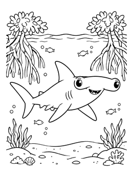 Free printable Cute Hammerhead Shark In Mangrove Lagoon coloring page