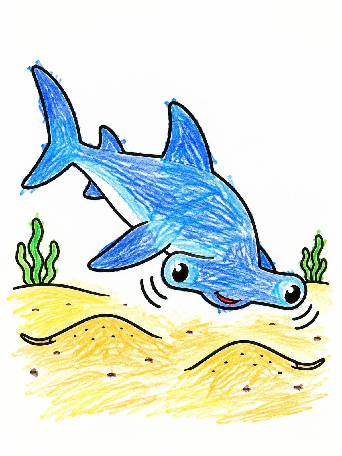 Colored example of the Cute Hammerhead Shark On The Seabed coloring page