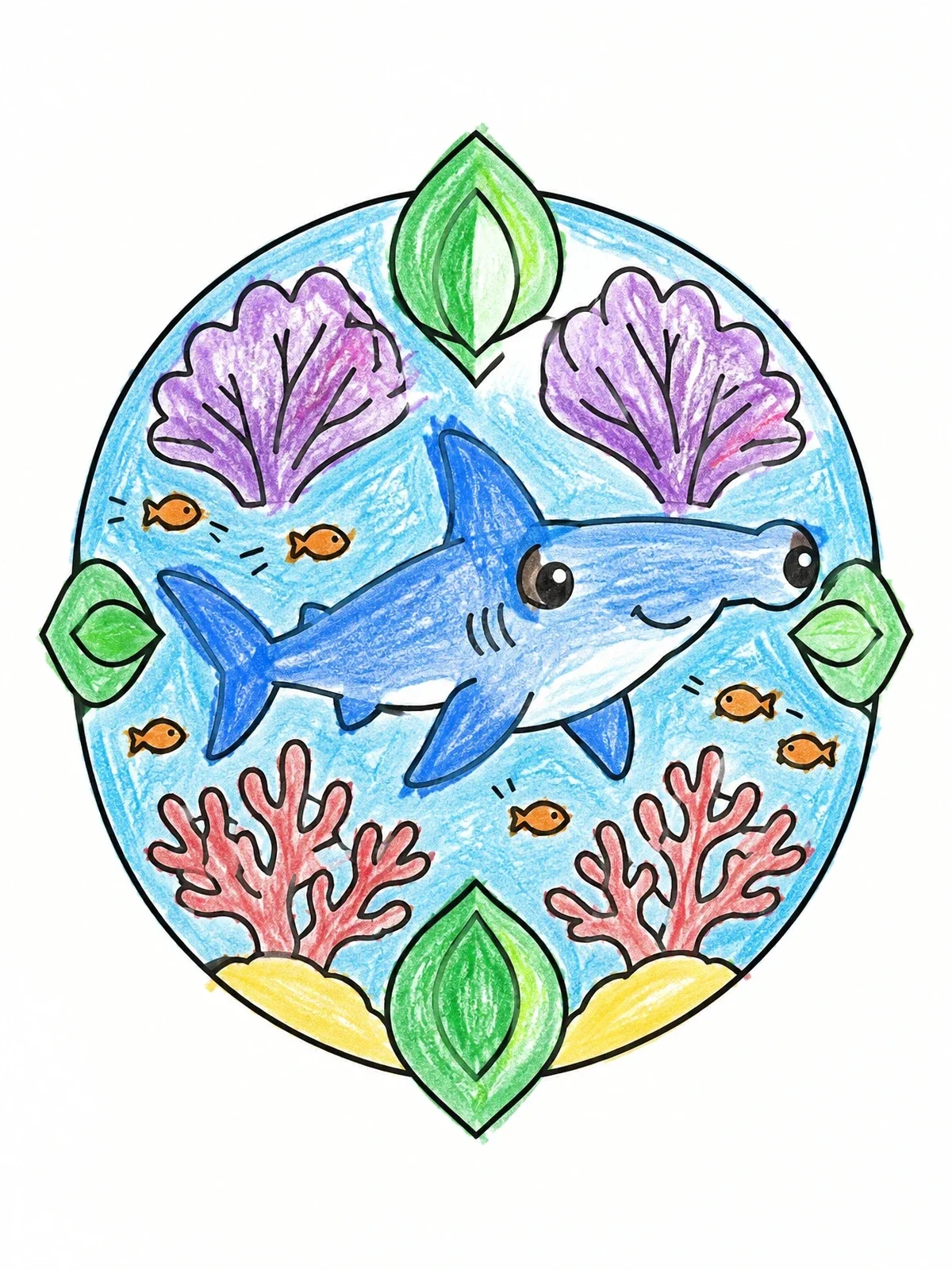 Colored example of the Cute Hammerhead Shark In Ocean Frame coloring page