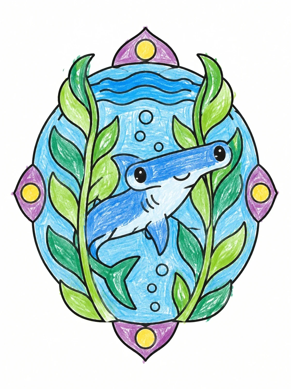 Colored example of the Cute Hammerhead Shark Among Seaweed coloring page