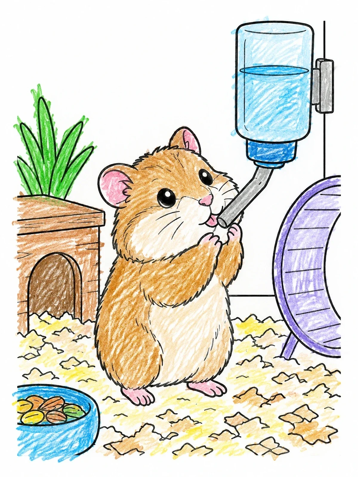Colored example of the Cute Hamster Drinking Water coloring page