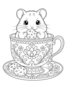 A cute little hamster nibbling a cookie in this tea cup coloring page.