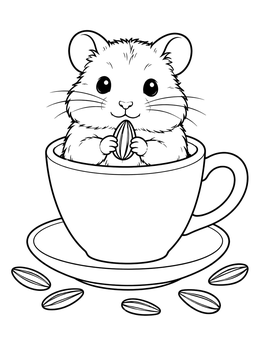 A cup coloring page showing a tiny hamster holding a seed inside a teacup.