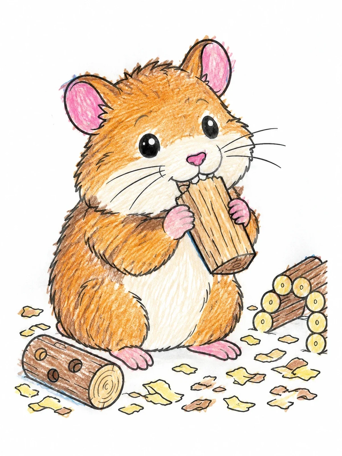 Colored example of the Cute Hamster Nibbling Wood Chew coloring page