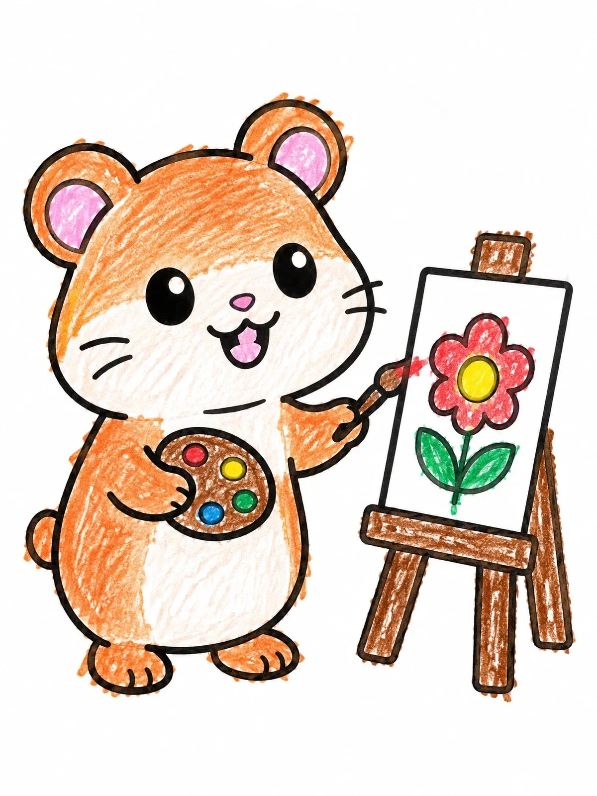 Colored example of the Cute Hamster Painting On An Easel coloring page