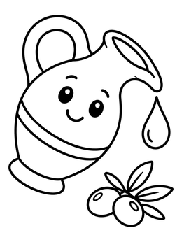 A smiling olive oil jug and branch on this cute hanukkah coloring page.