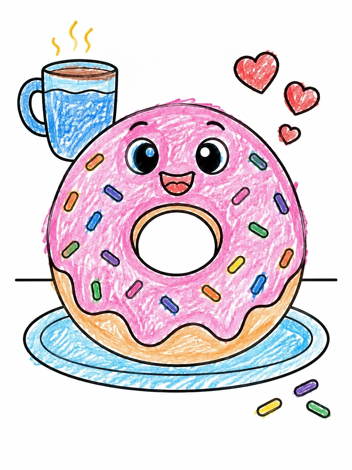 Colored example of the Cute Donut With Warm Drink coloring page