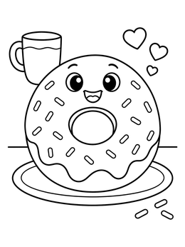 Free printable Cute Donut With Warm Drink coloring page