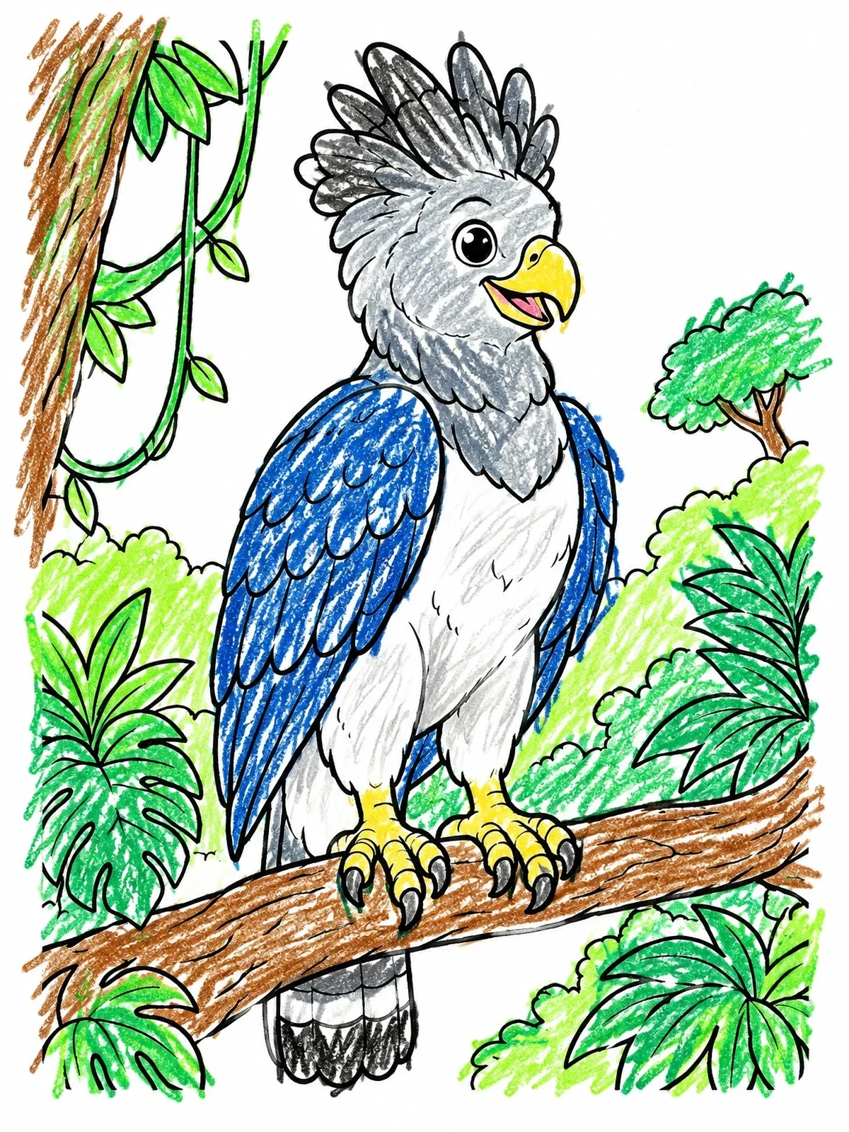 Colored example of the Cute Harpy Eagle On Branch coloring page