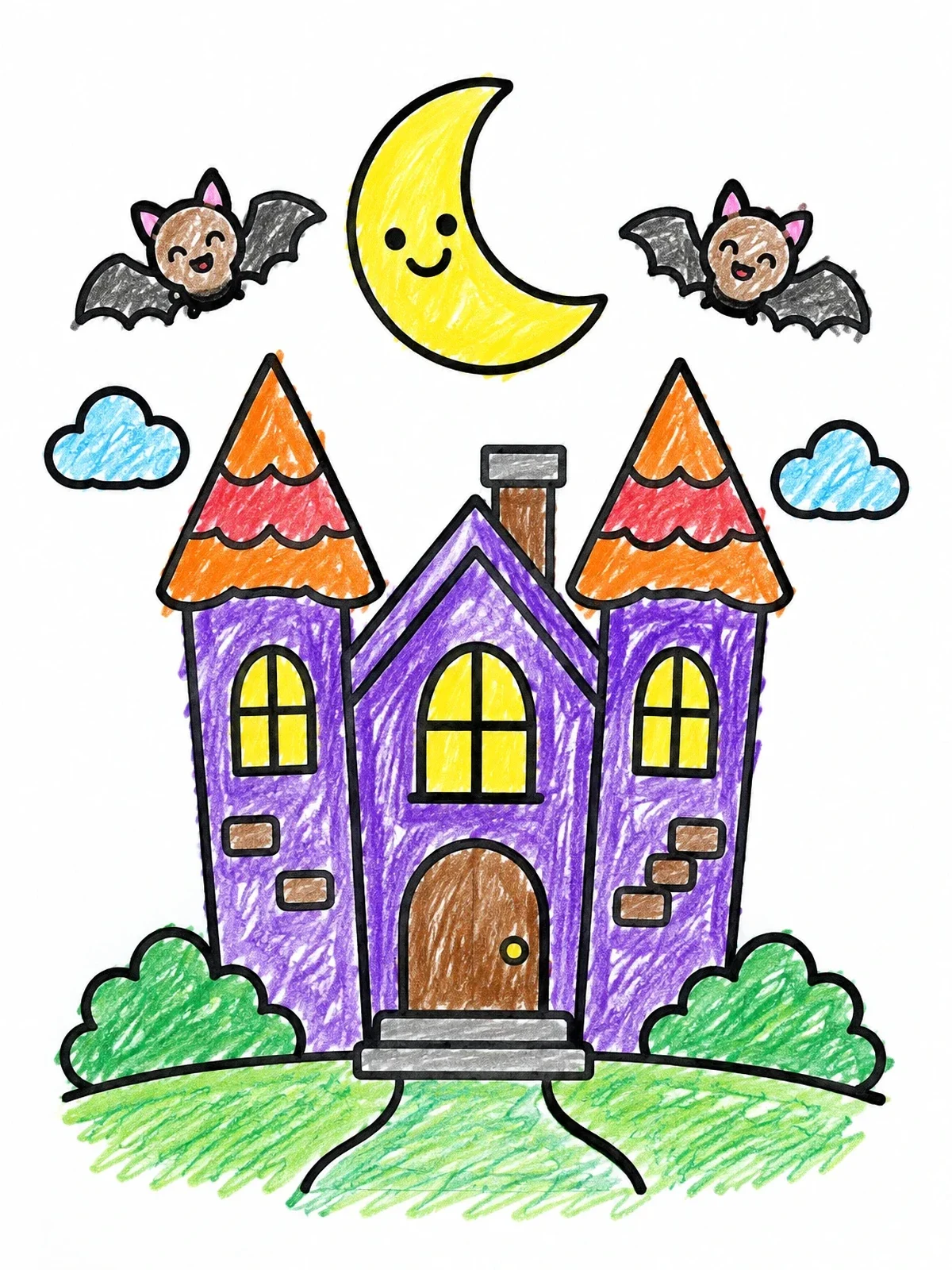 Colored example of the Cute Haunted Castle With Moon And Bats coloring page