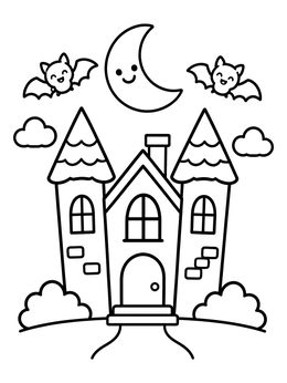 Free printable Cute Haunted Castle With Moon And Bats coloring page